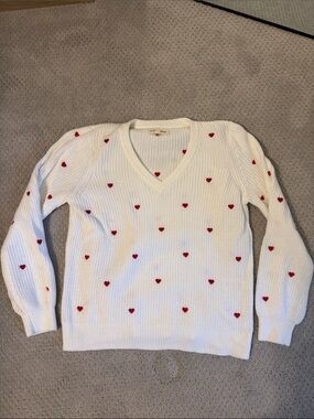 Lucky Brand White V-Neck Sweater with Red Heart Embroidery